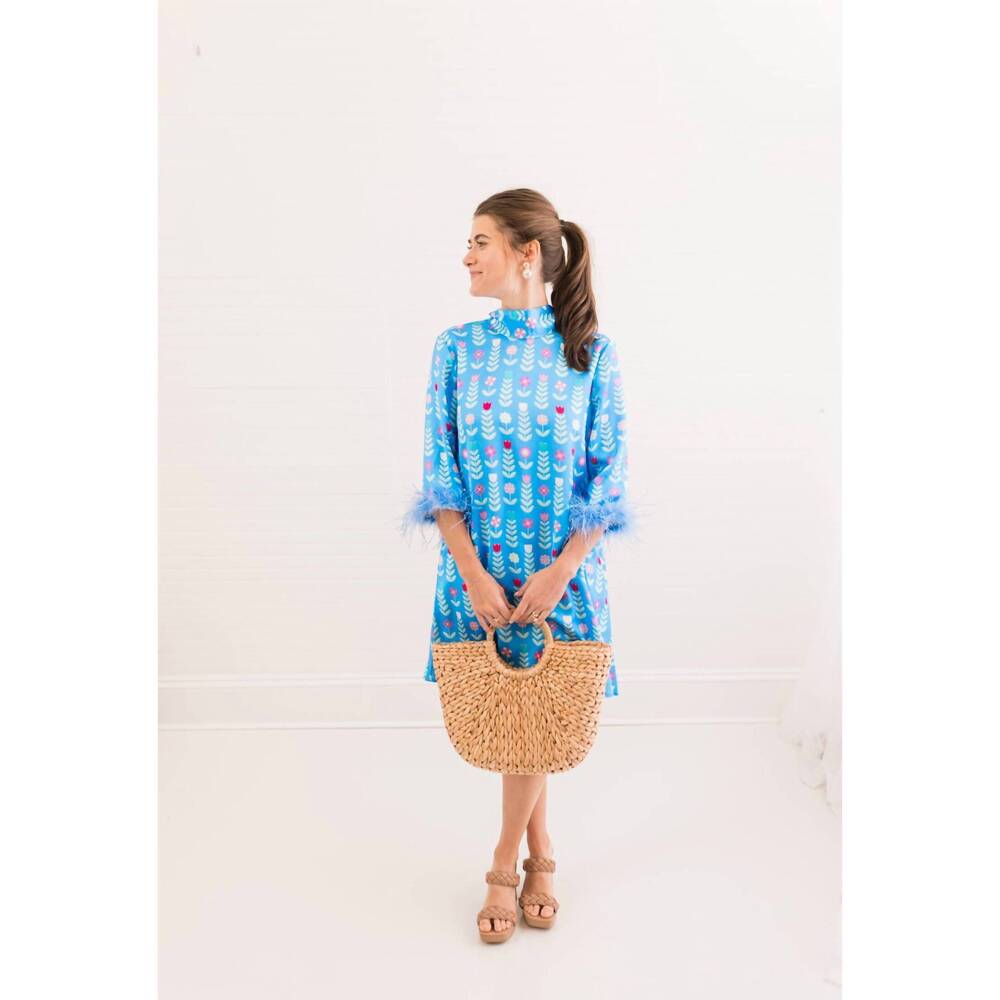 NEW HEART OF GRACE grace luxe feather caftan mini dress in blue
